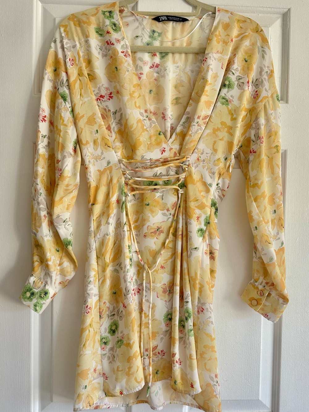 Zara Yellow Floral Lace-Up Mini Dress